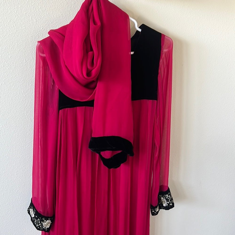 Long Chiffon dress with Duppatta red and black velvet yolk trim long silk slip